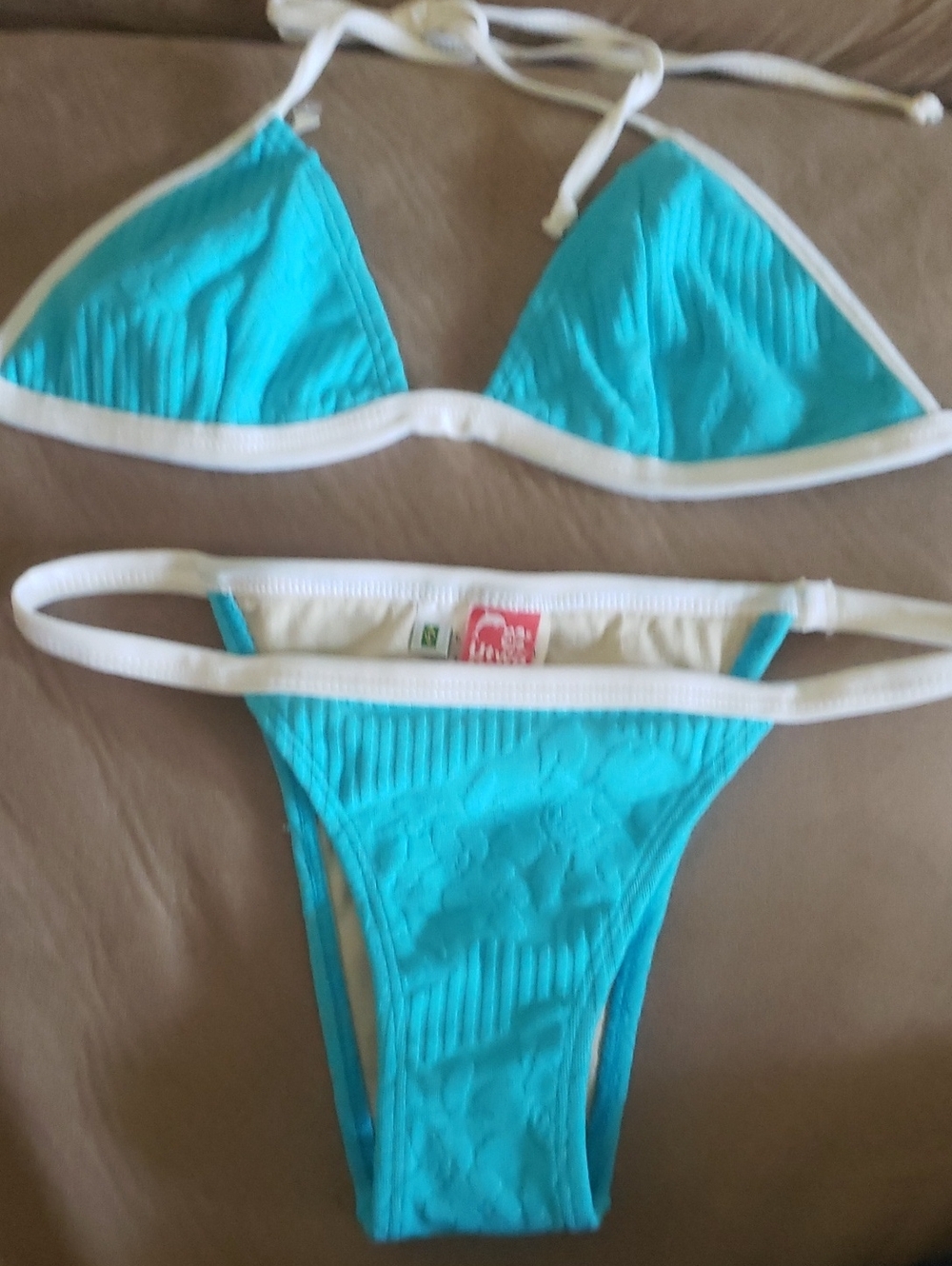 Turquoise Blue Triangle Bikini with White Trim